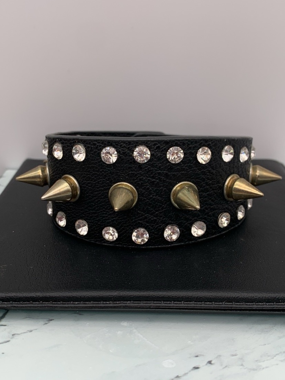 Wide Black Studded Spiked Leather Cuff Bracelet with rhinestones